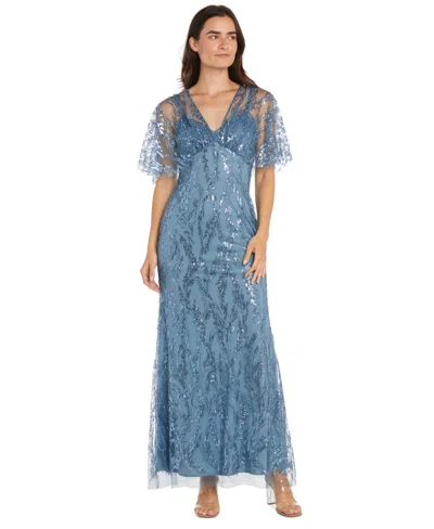 R & M Richards Women's Flutter-sleeve Sequin Gown In Blue