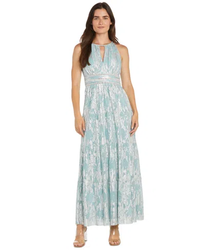 R & M Richards Women's Foil Printed Tiered Halter Dress In Sage,silver