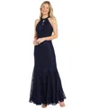 R & M Richards Women's Glitter Lace Halter Gown In Navy,black