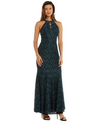 R & M Richards Women's Glitter Lace Halter Gown In Spruce