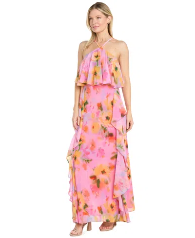 R & M Richards Women's Halter Neck Side Ruffle Dress In Pink