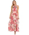 R & M Richards Women's Halter Ruched-waist Ruffled Gown In Peach,coral
