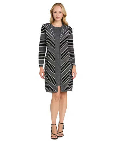 R & M Richards Women's Knit Striped Crewneck Jacket Dress In Gray