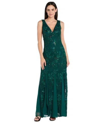 R & M Richards Women's Lace & Sequin V-neck Sleeveless Gown In Green
