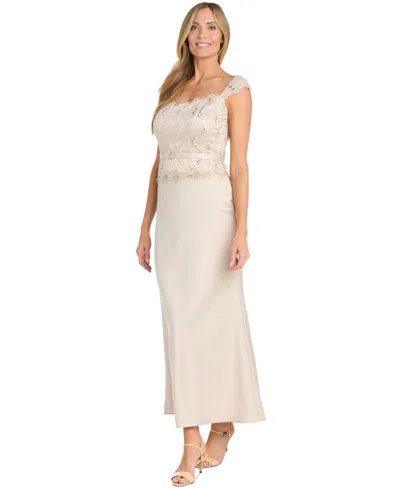 R & M Richards Women's Lace-bodice Belted Gown In Champagne