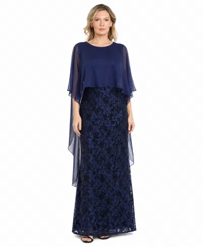 R & M Richards Women's Long Glitter Lace Boat Dress In Navy,black