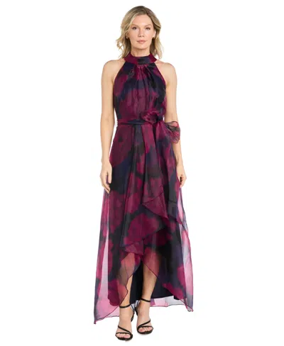 R & M Richards Women's Long Organza Low Halter Dress In Black,magenta