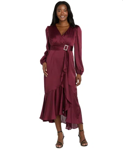 R & M Richards Women's Long-sleeve Faux Wrap Dress In Burgundy