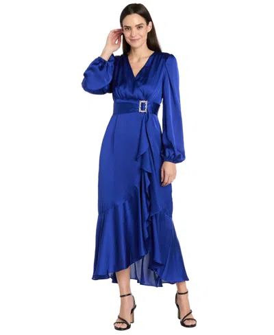 R & M Richards Women's Long-sleeve Faux Wrap Dress In Blue