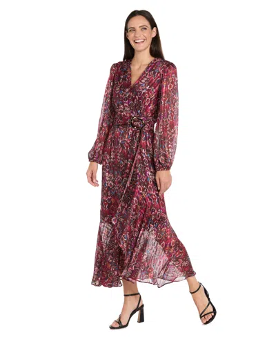 R & M Richards Women's Long-sleeve Mock Surplus Wrap Printed Dress In Multi