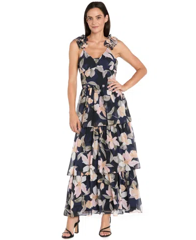 R & M Richards Women's Long Tiered Ruffled Shoulder Maxi Dress In Multi