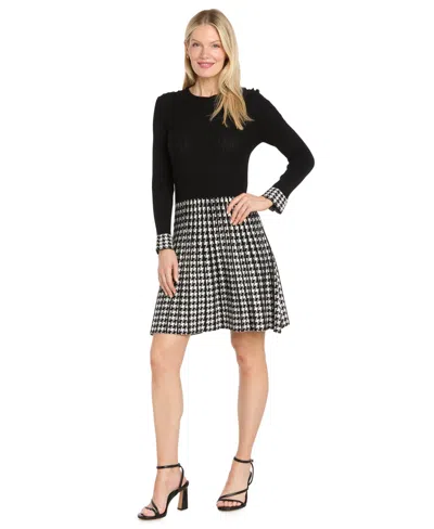 R & M Richards Women's Long-sleeve Houndstooth Sweater Dress In Black