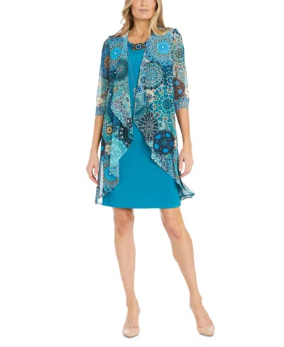 R & M Richards Women's Mesh Jacket And Contrast-trim Sleeveless Dress In Teal