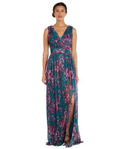 R & M Richards Women's Metallic Floral Print Sleeveless Gown In Teal