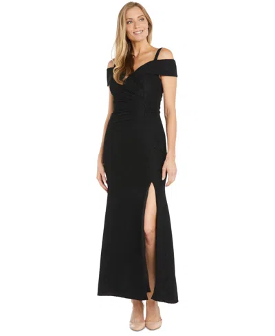 R & M Richards Women's Off-the-shoulder Gathered Side-slit Gown In Black