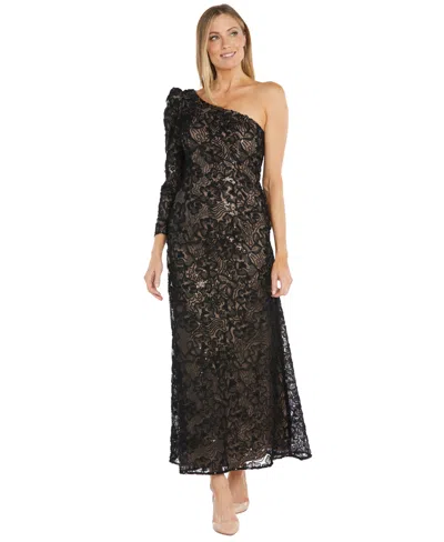 R & M Richards Women's One-long-sleeve Floral-lace Sequin Gown In Black,nude