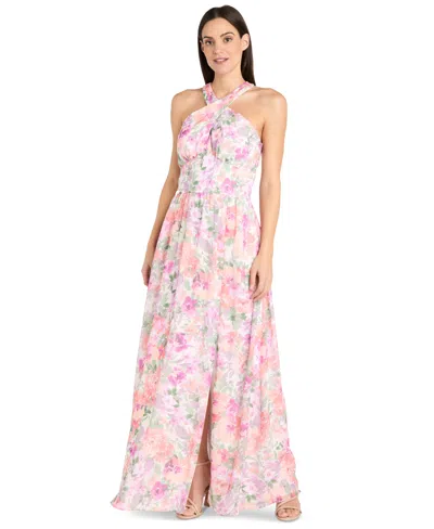 R & M Richards Women's Printed Chiffon Criss-cross Halter Maxi Dress In Ivory,blossom