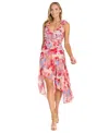 R & M Richards 4053p High Low Printed Petite Cocktail Dress In Coral,mult