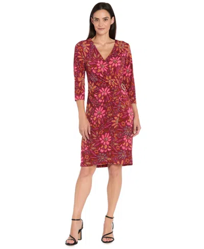 R & M Richards Women's Printed Faux Wrap 3/4-sleeve Dress In Burgundy