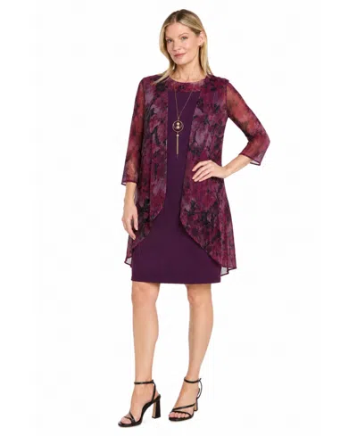 R & M Richards Women's Printed Puff-sleeve Jacket & Dress Set In Burgundy