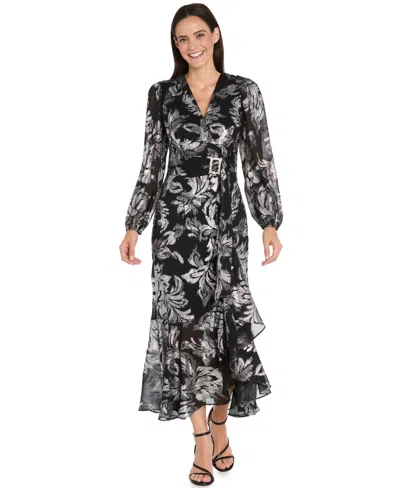 R & M Richards Women's Printed Ruffle Detail Maxi Dress In Black