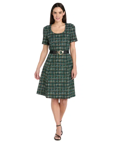 R & M Richards Women's Printed Scoop Neck Belted Dress In Green