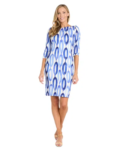 R & M Richards Petite Printed U-back 3/4-sleeve Dress In Blue,white
