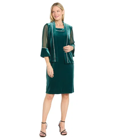 R & M Richards Women's Rhinestone Scoop Neck Velvet Jacket And Dress, 2-piece Set In Green