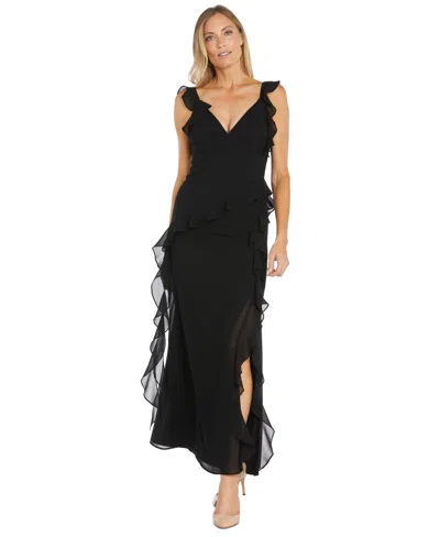 R & M Richards Women's Ruffled Side-slit Gown In Black