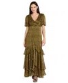 R & M Richards Women's Satin Metallic Stripe Puff-sleeve Dress In Green