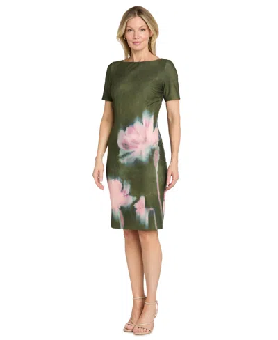R & M Richards Women's Scuba Sheath Floral-print Short-sleeve Dress In Green