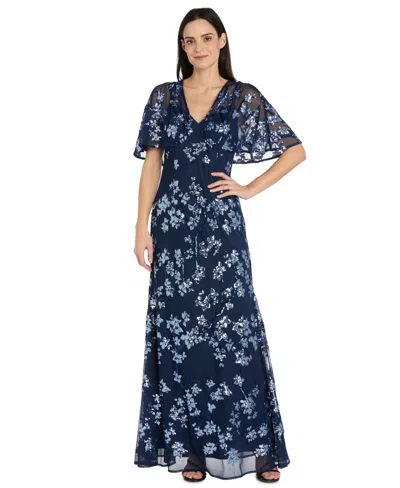 R & M Richards Women's Sequin Embellished Cape-sleeve Gown In Blue