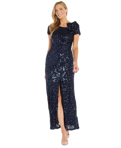 R & M Richards Women's Sequin Front-slit Gown In Navy