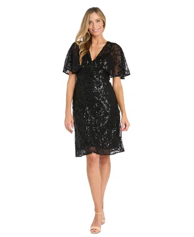 R & M Richards Women's Sequinned Flutter-sleeve Cocktail Dress In Black