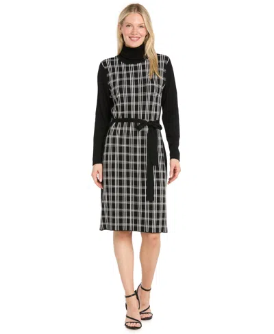 R & M Richards Women's Shift Windowpane Long-sleeve Belted Turtleneck Sweater Dress In Black