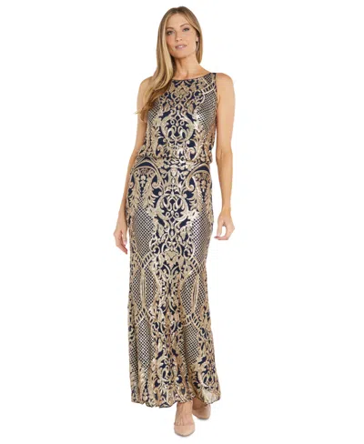 R & M Richards Womens Sequined Polyester Evening Dress In Navy,gold