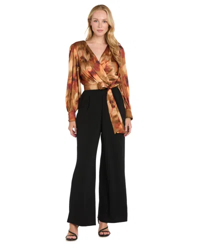 R & M Richards Women's Sophia Christina Satin Surplice Wide-leg Jumpsuit In Multi