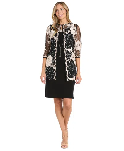 R & M Richards Women's Soutache Jacket, Sheath Dress & Necklace Set In Champagne,black