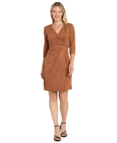 R & M Richards Women's Suede 3/4-sleeve Faux Wrap Dress In Brown