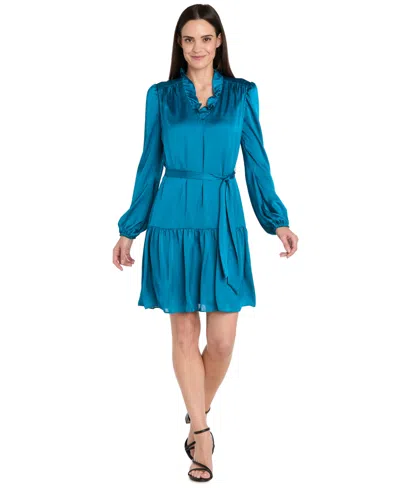 R & M Richards Women's V-neck Charmeuse Ruffled Waist-tie Dress In Blue