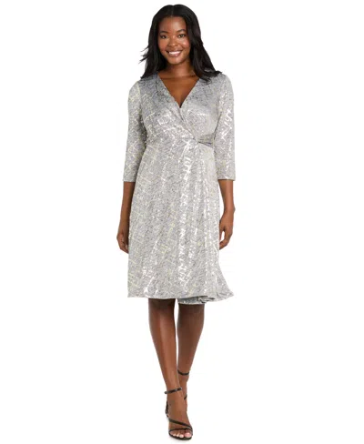 R & M Richards Women's V-neck Faux Wrap Dress In Metallic