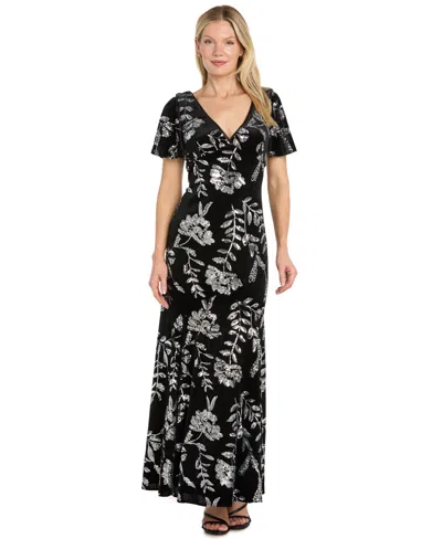 R & M Richards Women's Velvet Sequin-floral Mermaid Dress In Black