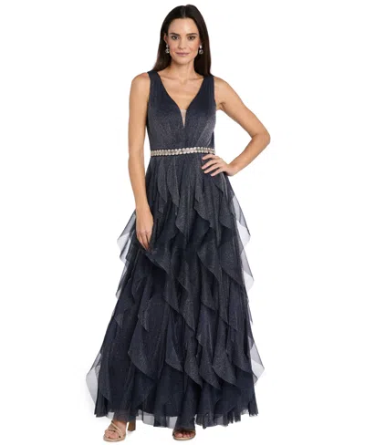 R & M Richards Women's V-neck Sleeveless Full Skirt Gown In Blue