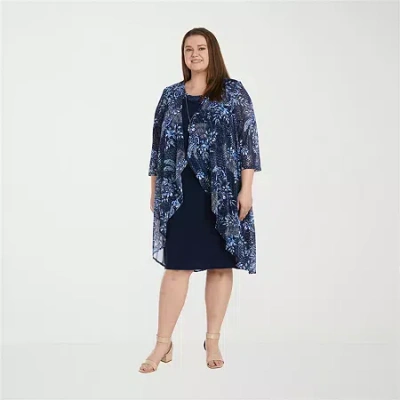 R & M Richards Womens Floral Jacket Dress With Removable Necklace Plus In Blue