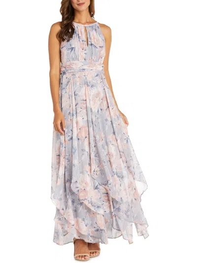 R & M Richards Womens Floral Print Halter Evening Dress In Silver Peach
