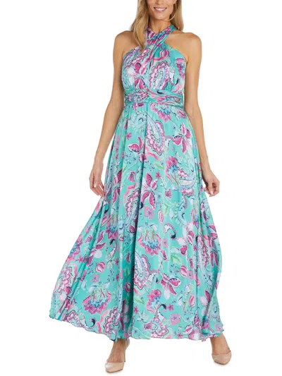 R & M Richards Womens Floral Print Long Halter Dress In Multi