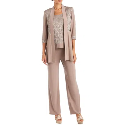 R & M Richards Womens Lace Sequined Pant Suit In Neutral