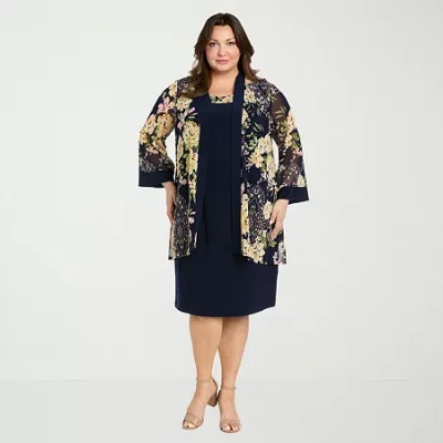 R & M Richards Womens Plus Round Neck Sleeveless Floral Jacket Dress In Blue