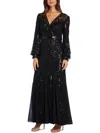 R & M Richards Sequined Blouson-sleeve Gown In Black