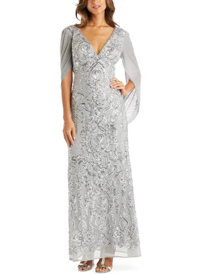 R & M Richards Womens Sequined Long Evening Dress In Silver
